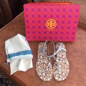 Tory Burch marion quilted sandals confetti reverse metallic silver new box 5.5